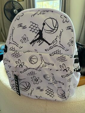 Jordan Kids Backpack in White with Black Basketball Print